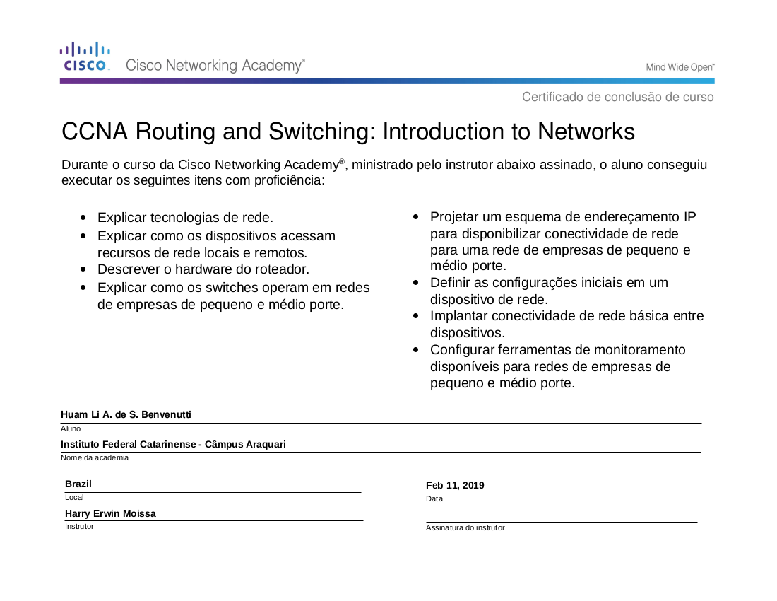 Certificado: CCNA Routing and Switching: Introduction to Networks