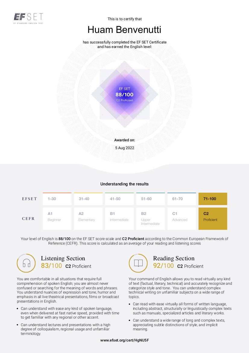 Certificado: Certificado de Proficiência em Inglês