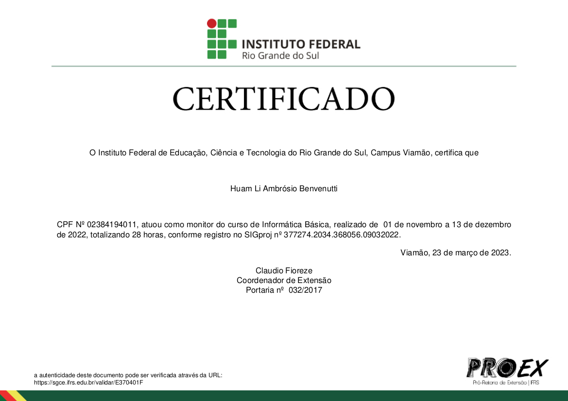 Certificado: Monitor voluntário no curso de Informática Básica